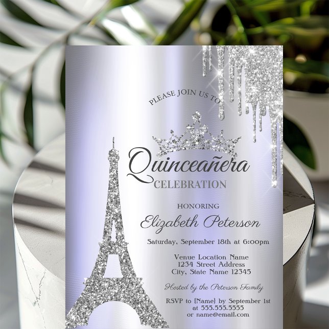 Invitación Silver Paris Torre Eiffel, Drip Violet Quinceañera (Subido por el creador)