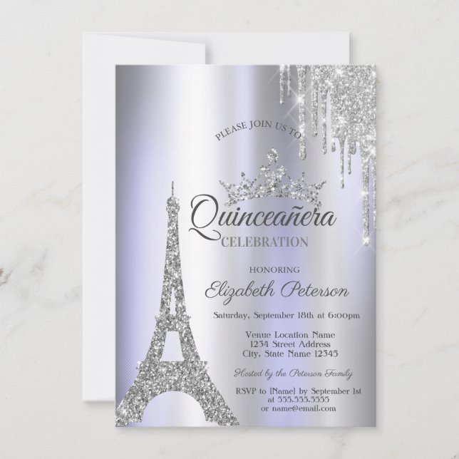 Invitación Silver Paris Torre Eiffel, Drip Violet Quinceañera (Anverso)