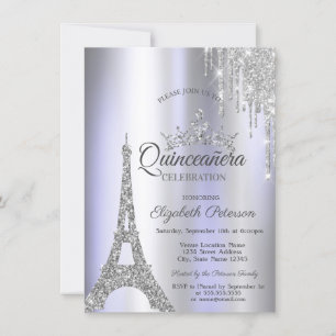 Invitación Silver Paris Torre Eiffel, Drip Violet Quinceañera