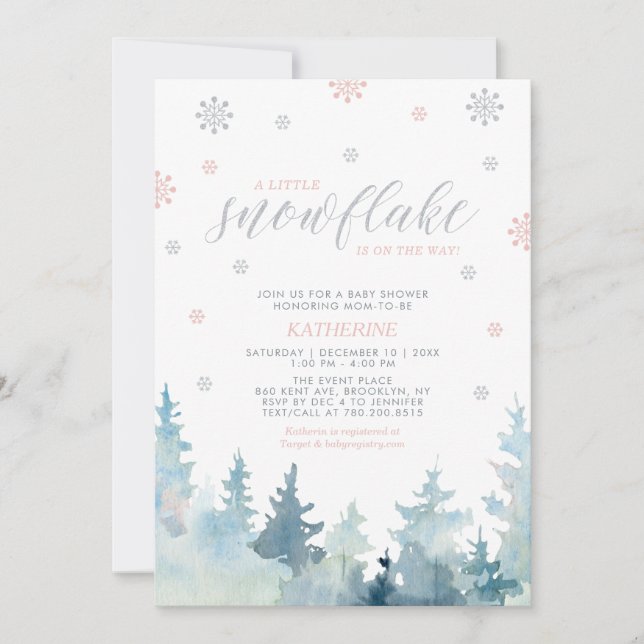 Invitación Silver & Pink | Baby Shower de Invierno Copo de Ni (Anverso)