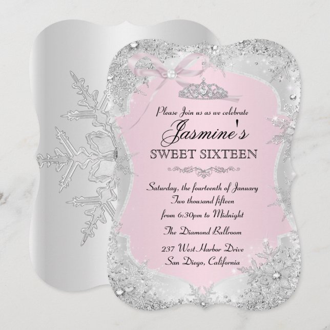 Invitación Silver Pink Winter Snowflake Cumpleaños (Anverso / Reverso)