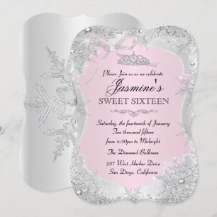 Invitación Silver Pink Winter Snowflake Cumpleaños