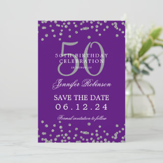 Invitación Silver Purple 50th Birthday Save Date y Detalles