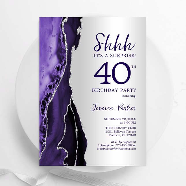 Invitación Silver Purple Agate Surprise 40 cumpleaños (Subido por el creador)