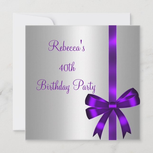 Invitación Silver Purple Bow 40.ª Fiesta de cumpleaños elegan (Anverso)