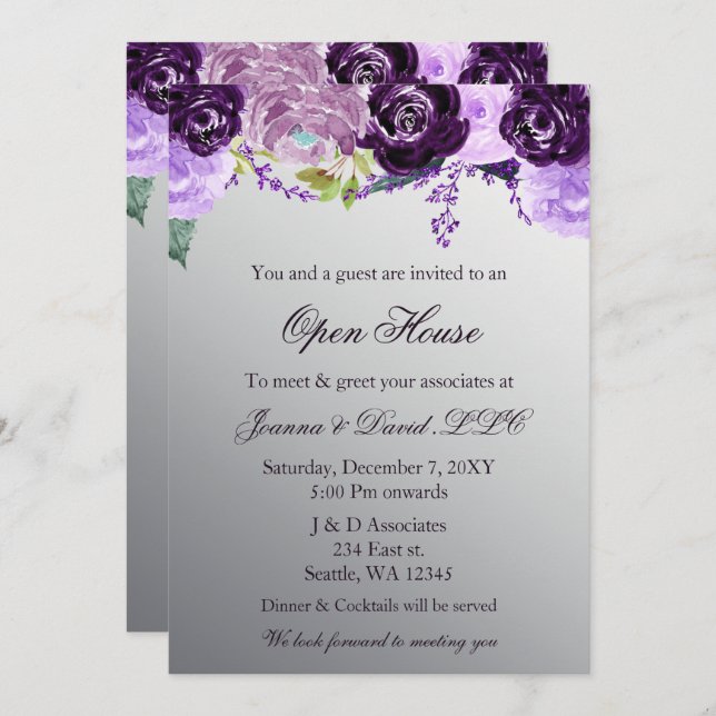 Invitación Silver Purple Floral Business Fiesta corporativo (Anverso / Reverso)