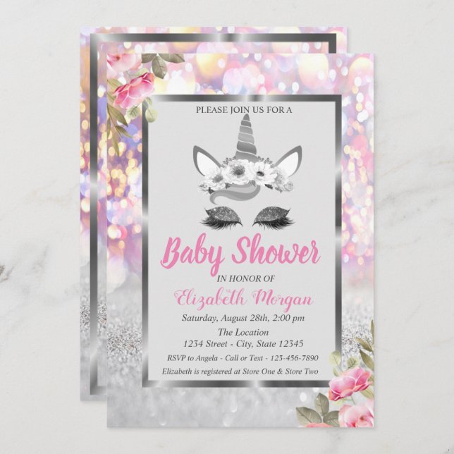 Invitación Silver Purpurina Unicorn ,Floral Boeh Baby Shower (Anverso / Reverso)