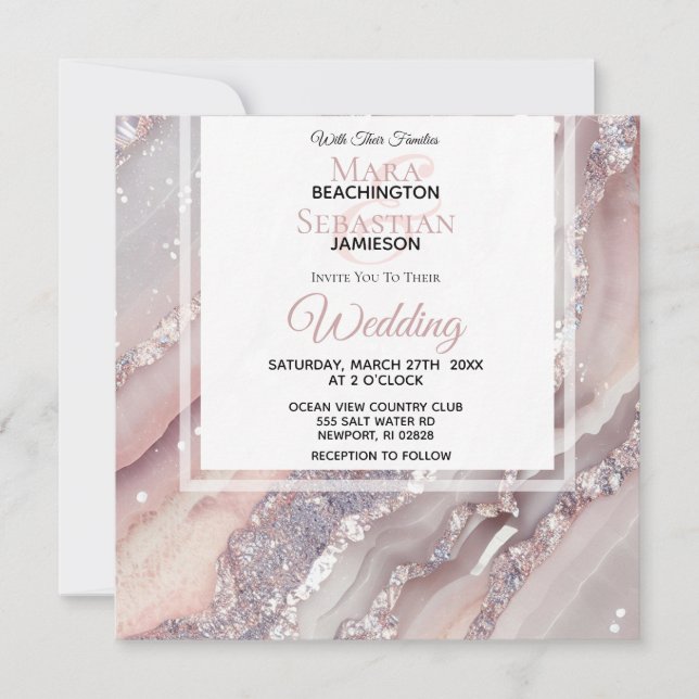 Invitación *~* Silver QR RUBOR PINK AGATE AR66 RSVP Boda (Anverso)