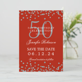 Invitación Silver Red 50 cumpleaños Guardar la fecha y detall