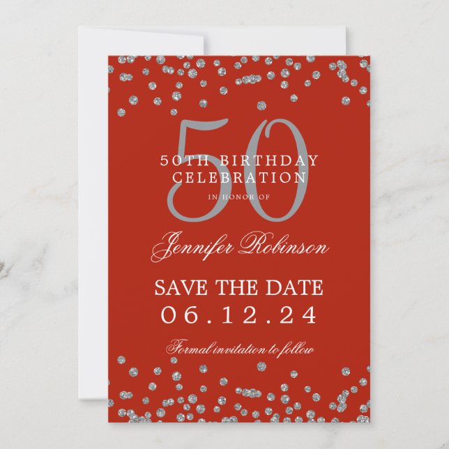 Invitación Silver Red 50 cumpleaños Salven la fecha Confetti (Anverso)