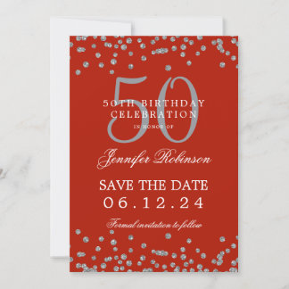 Invitación Silver Red 50 cumpleaños Salven la fecha Confetti