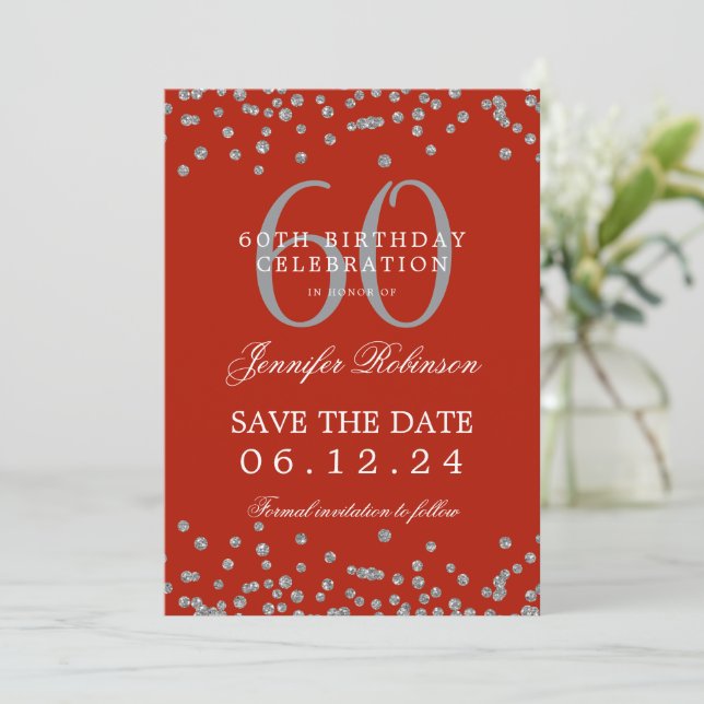Invitación Silver Red 60 Cumpleaños Save Date Confetti (Anverso de pie)