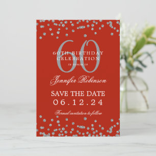 Invitación Silver Red 60 Cumpleaños Save Date Confetti