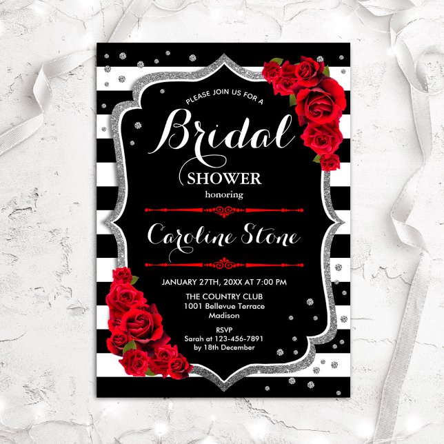 Invitación Silver Red Black White Strips Bridal Shower (Subido por el creador)