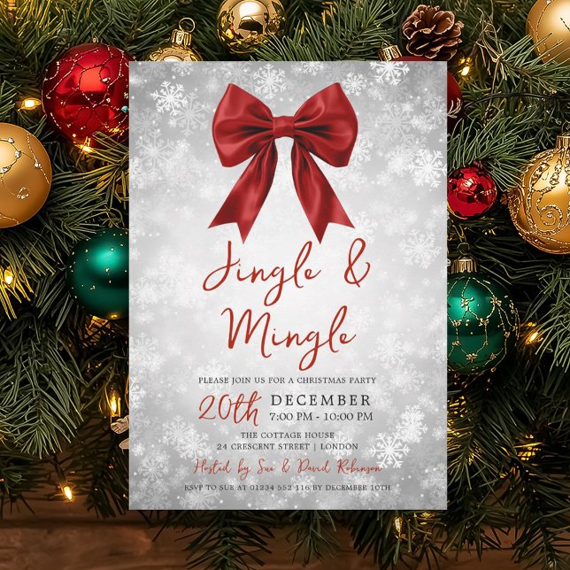 Invitación Silver Red Jingle Mingle Christmas Party Bow Snow  (Silver Red Jingle Mingle Christmas Party Bow Snow Invitation)