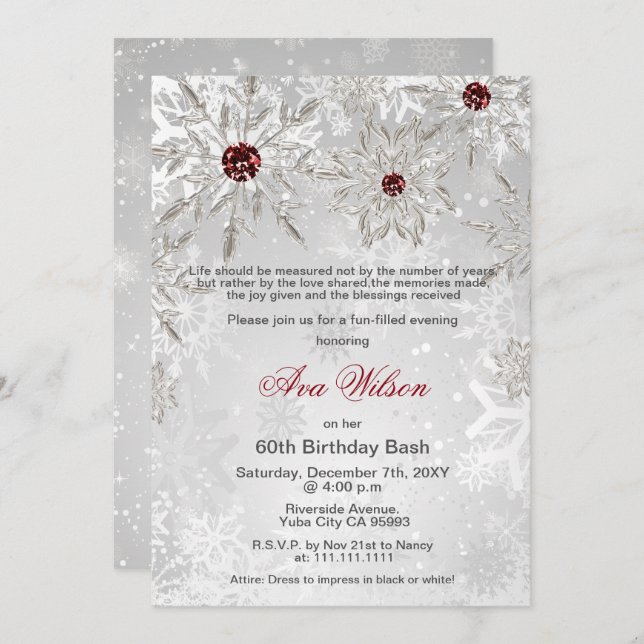 Invitación Silver Red Snowflakes Invierno 60 cumpleaños (Anverso / Reverso)