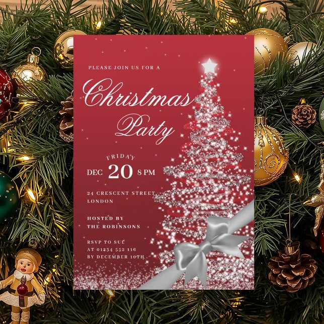 Invitación Silver Red Winter Christmas Tree Bow Holiday  (Silver Red Winter Christmas Tree Bow Holiday Invitation)