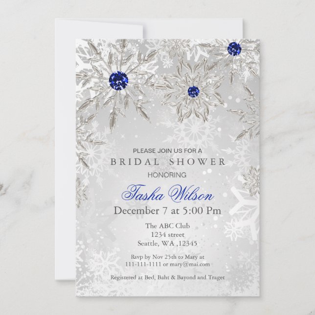 Invitación Silver Royal Blue Snowflakes Winter Bridal Shower (Anverso)