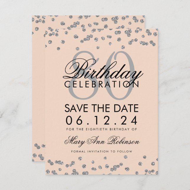 Invitación Silver Rubor Pink 80th Birthday Save Date Confetti (Anverso / Reverso)