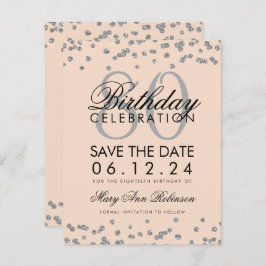 Invitación Silver Rubor Pink 80th Birthday Save Date Confetti