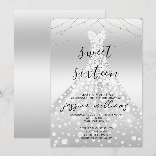 Invitación Silver Sequin Ball Gown Sweet 16 Cumpleaños (Anverso / Reverso)