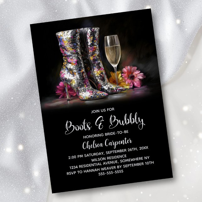 Invitación Silver Sequin Boots and Bubbly Bridal Shower (Subido por el creador)
