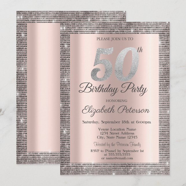 Invitación Silver Sequins Rosa Oro 50 cumpleaños (Anverso / Reverso)