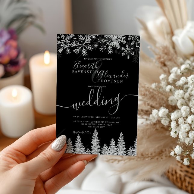 Invitación Silver snow pine black Christmas winter wedding (Silver snow pine black Christmas winter wedding Invitation)