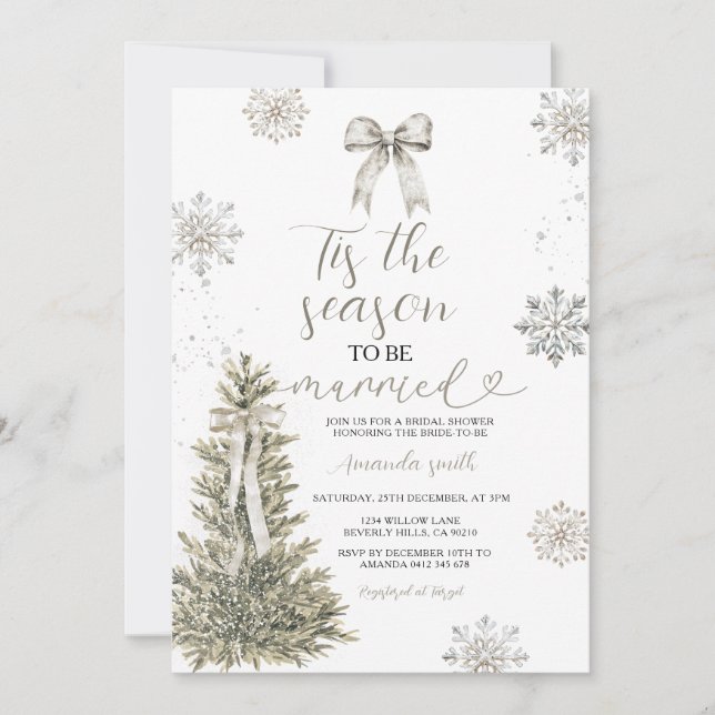 Invitación Silver Snowflakes Tis The Season to Be Married  (Anverso)