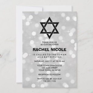 Invitación Silver Sparkle Bokeh Bat Mitzvah y Star of David