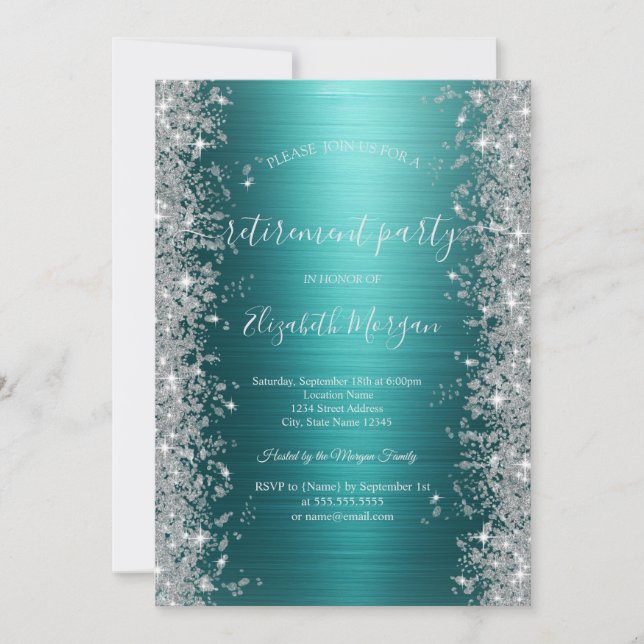 Invitación Silver Sparkle Diamonds Green Metallic Retirement  (Anverso)
