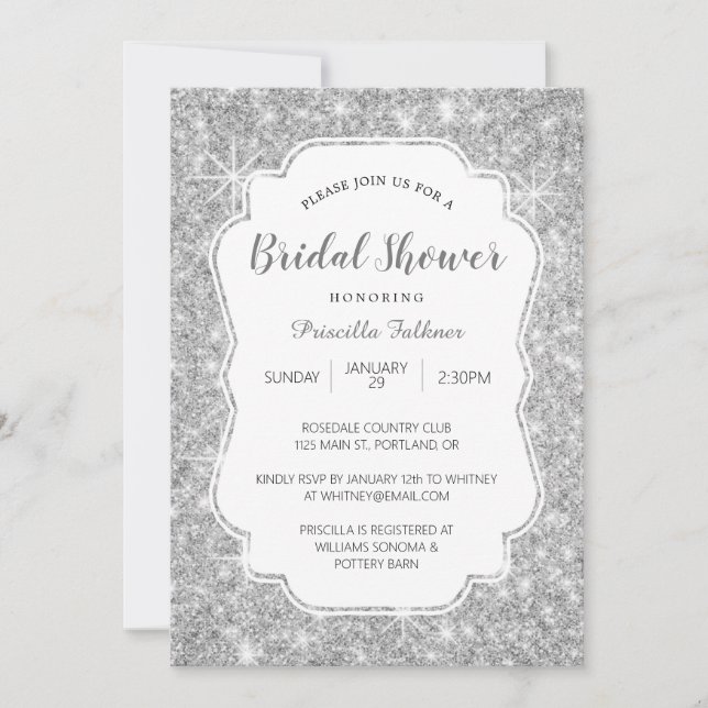 Invitación Silver Sparkly Purpurina Bridal Shower (Anverso)