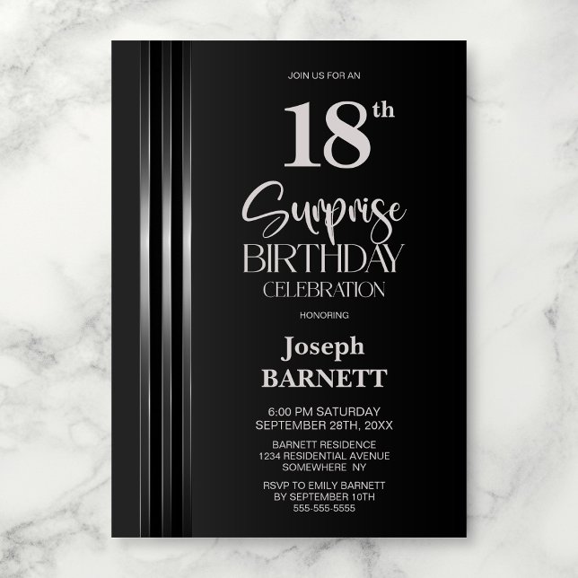 Invitación Silver Striped Black Grey 18th Surprise Birthday (Subido por el creador)
