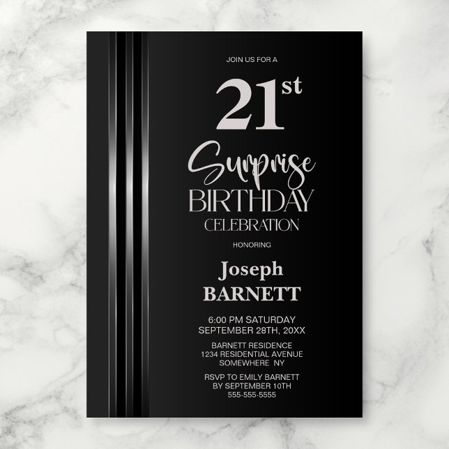 Invitación Silver Striped Black Grey 21st Surprise Birthday (Subido por el creador)