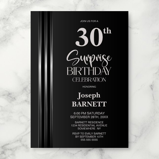 Invitación Silver Striped Black Grey 30th Surprise Birthday (Subido por el creador)