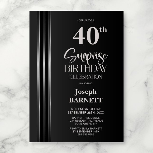 Invitación Silver Striped Black Grey 40th Surprise Birthday (Subido por el creador)
