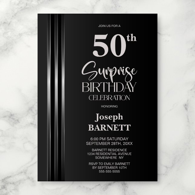 Invitación Silver Striped Black Grey 50th Surprise Birthday (Subido por el creador)