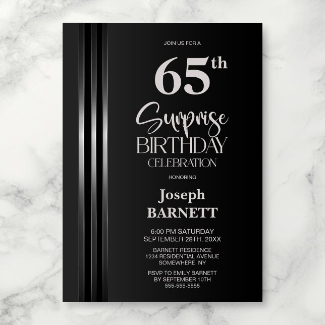 Invitación Silver Striped Black Grey 65th Surprise Birthday (Subido por el creador)