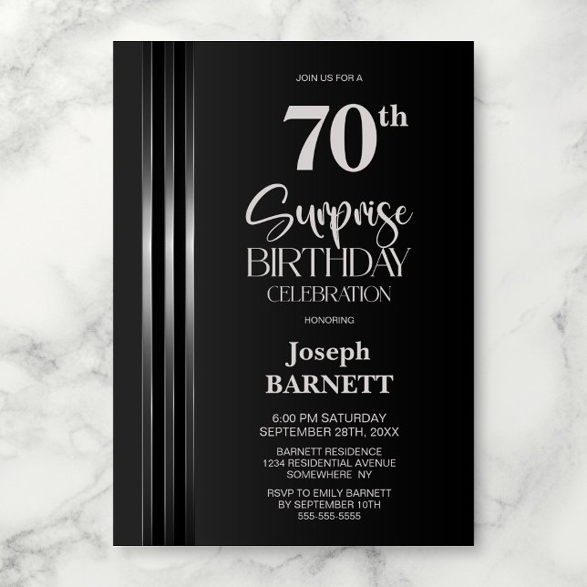 Invitación Silver Striped Black Grey 70th Surprise Birthday (Subido por el creador)