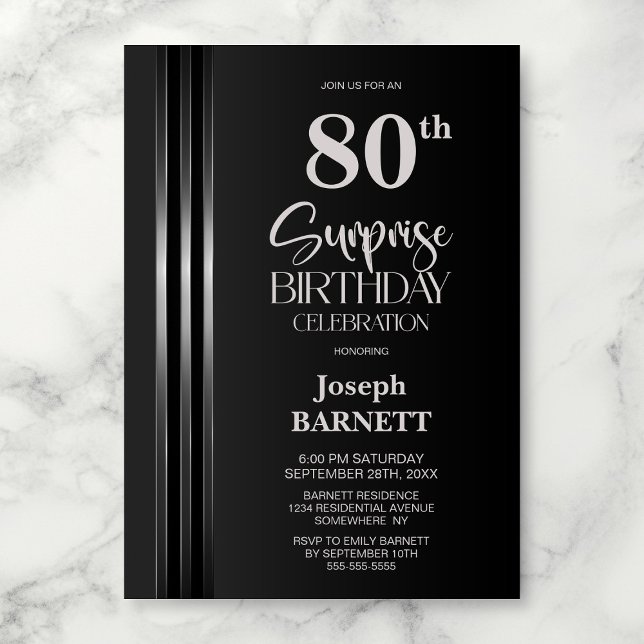 Invitación Silver Striped Black Grey 80th Surprise Birthday (Subido por el creador)