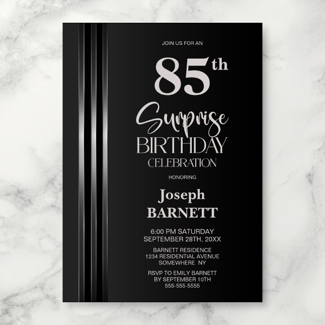 Invitación Silver Striped Black Grey 85th Surprise Birthday (Subido por el creador)
