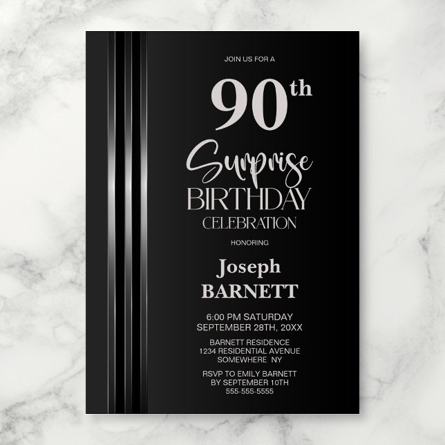 Invitación Silver Striped Black Grey 90th Surprise Birthday (Subido por el creador)