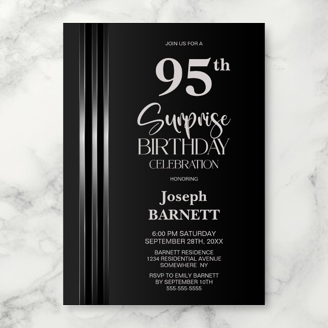 Invitación Silver Striped Black Grey 95th Surprise Birthday (Subido por el creador)
