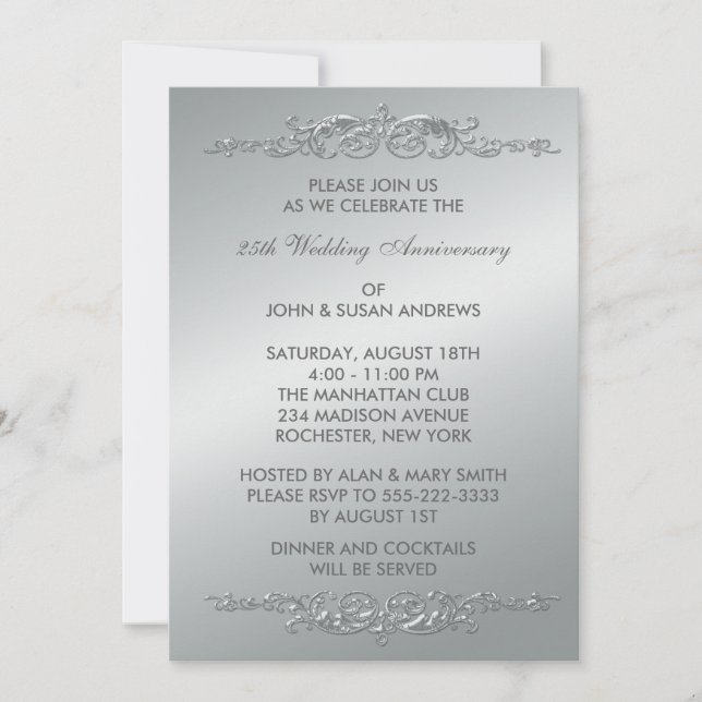 Invitación Silver Swirls 25º Aniversario Boda (Anverso)