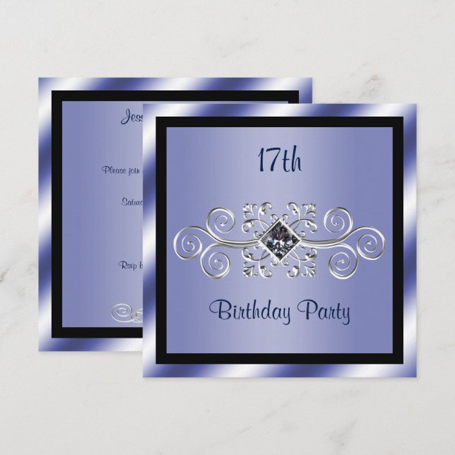 Invitación Silver Swirls & Diamond 17th Birthday Party (Anverso / Reverso)