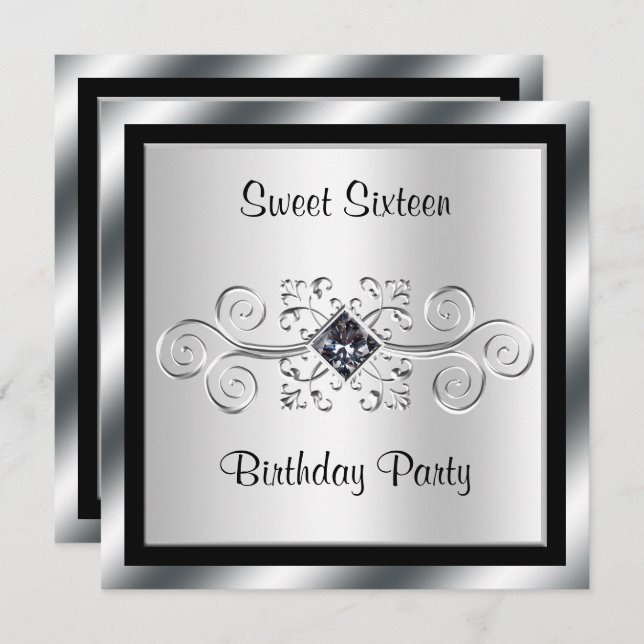 Invitación Silver Swirls & Diamond Sweet 16 Cumpleaños Party (Anverso / Reverso)