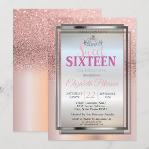 Invitación Silver Tiara, Rosa Purpurina de oro dulce 16 Fiest