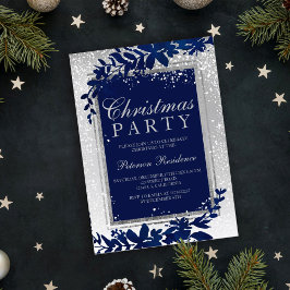 Invitación silver typography blue leaf snow elegant Christmas