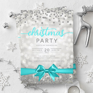 Invitación Silver Winam Company Xmas Turquoise Ribbon