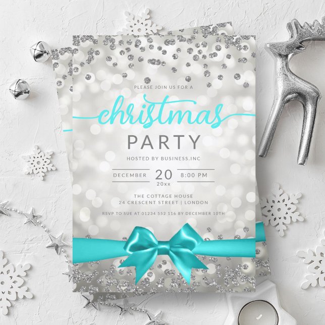 Invitación Silver Winam Company Xmas Turquoise Ribbon (Silver Winter Glam Company Xmas Turquoise Ribbon Invitation)